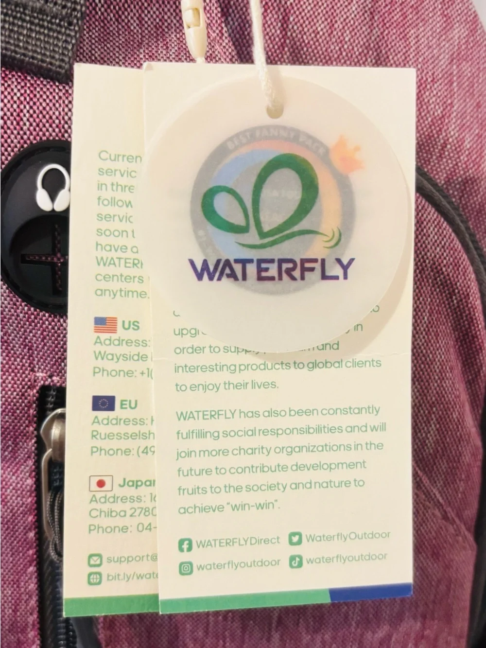 New WATERFLY Purple Crossbody Backpack Sling Bag Travel Hiking Chest Bag Daypack